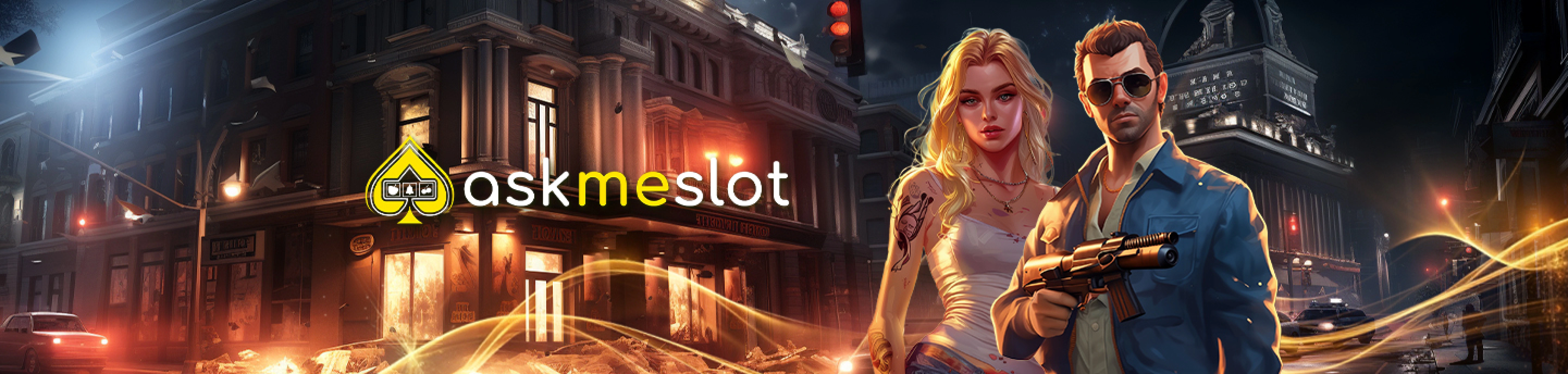 Winbox AskMeSlot game provider banner featuring male and female characters in an urban night scene with slot themed logo