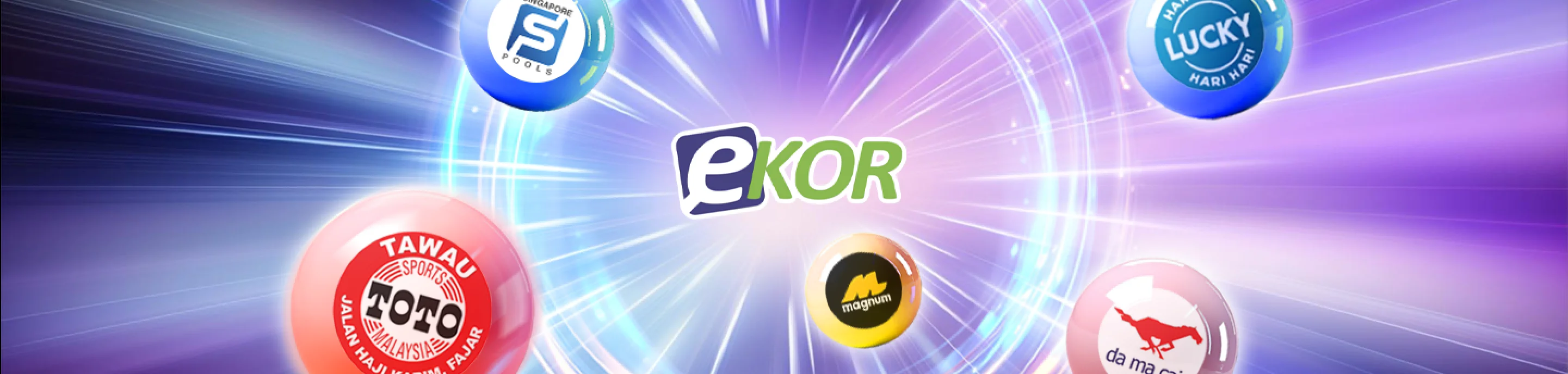 Ekor lottery logo surrounded by colorful lottery balls from different providers in a vibrant setting.