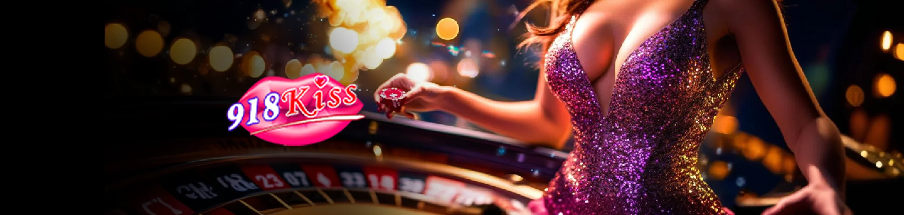 918Kiss slot game featuring a female dealer with a roulette wheel, sparkling lights, and the 918Kiss logo on display.