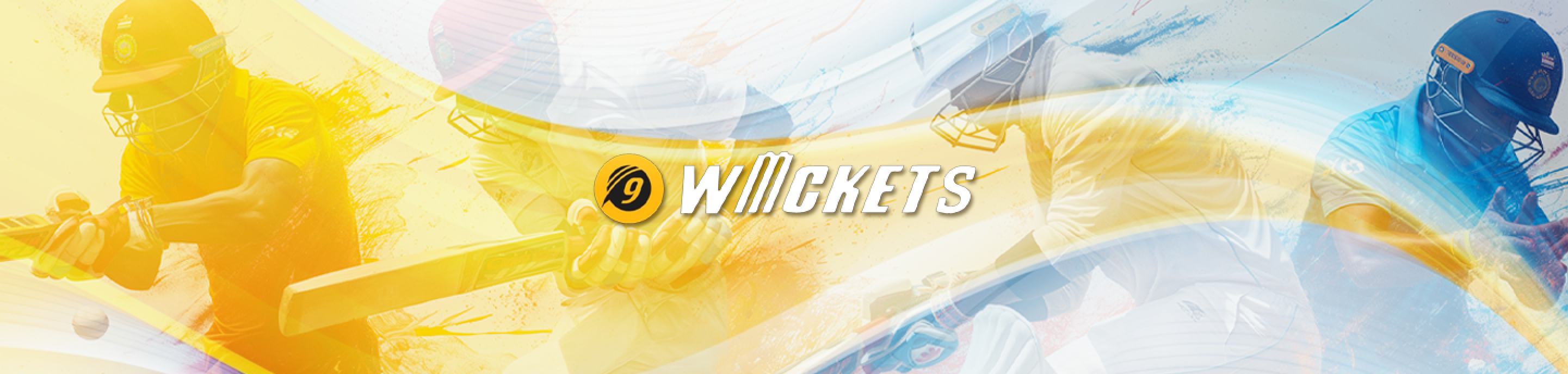 9 Wickets online betting banner with cricket players and vibrant sports theme
