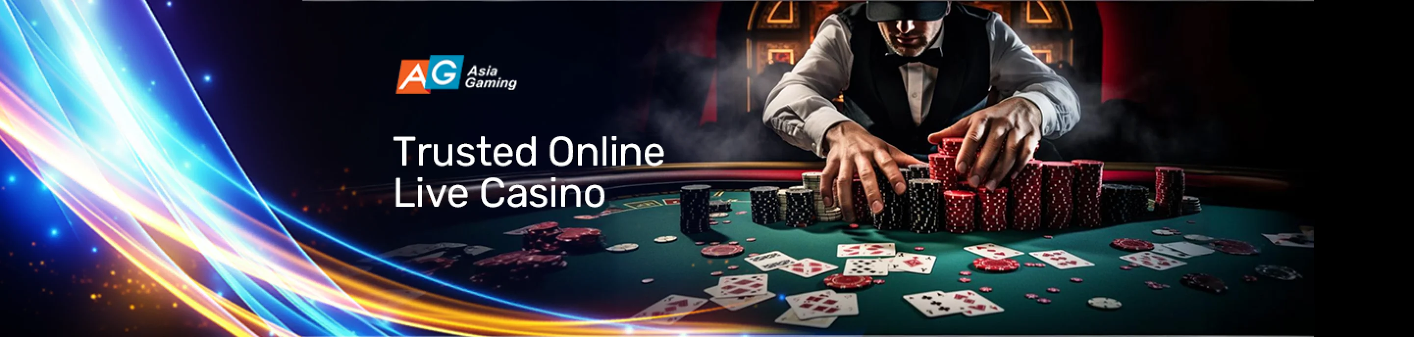 Asia Gaming logo with a dealer at the poker table in a live casino setting, showcasing trusted online gaming at Winbox.
