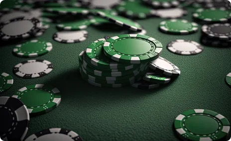 Green and black poker chips stacked on a casino-style gaming table.