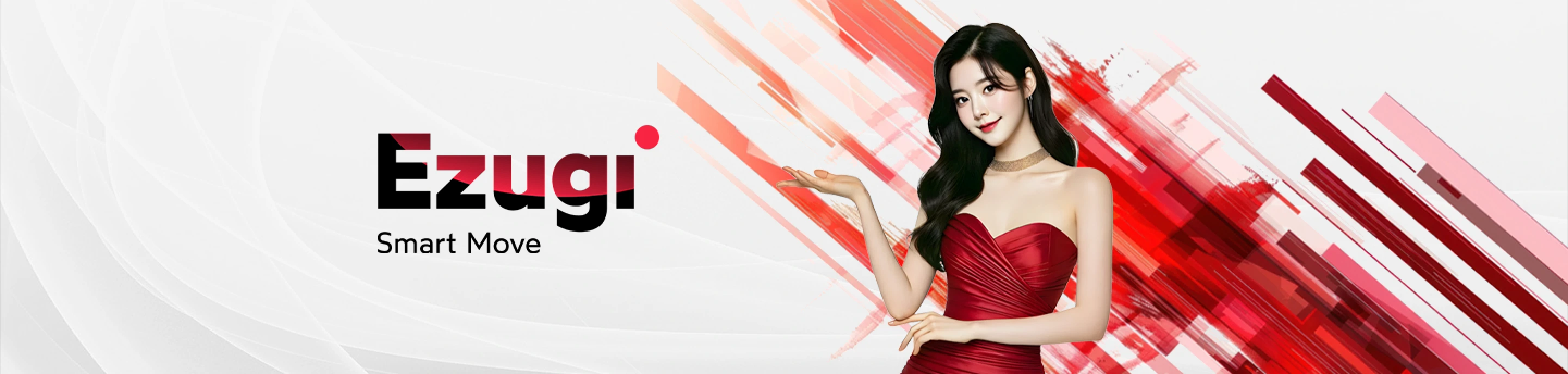 Ezugi live casino banner featuring a female dealer in red with vibrant red streaks in the background.