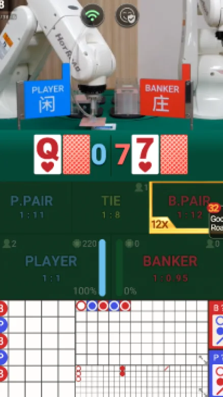Baccarat game round with robot dealer dealing cards, showing player and banker hands with 7 and Queen cards, and betting options displayed.