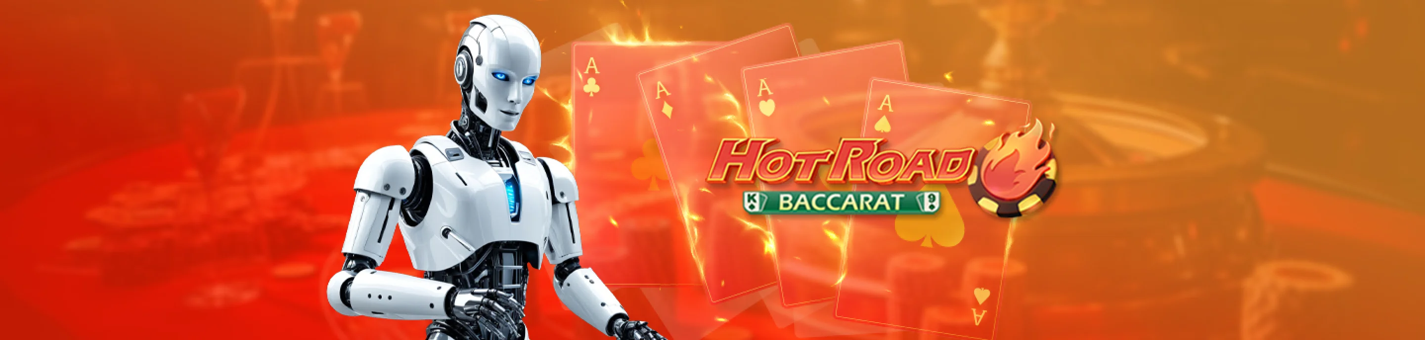 Futuristic AI robot playing HotRoad Baccarat with digital cards and a red-themed background, 2025 version