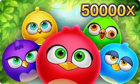 Five colorful cartoon birds from Birds Party slot game with 50000x win potential.