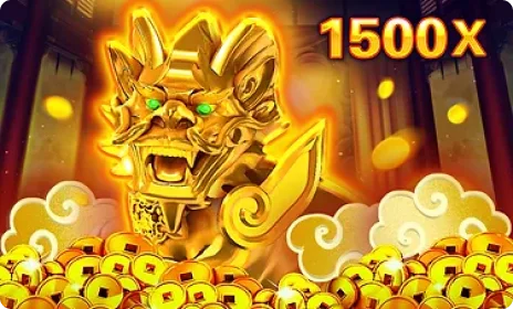 Golden dragon statue with 1500x multiplier surrounded by gold coins from a JDB slot game.