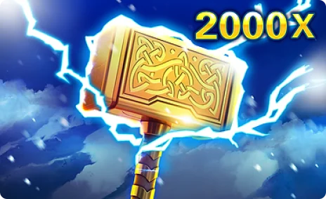 Golden hammer striking with lightning in Mjolnir slot by JDB, showing 2000x multiplier.