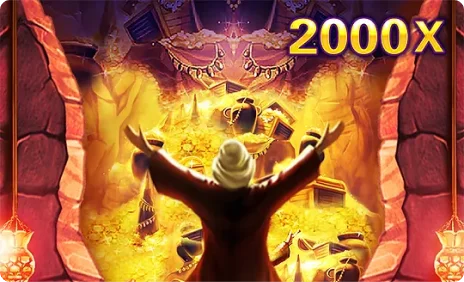 Treasure cave filled with gold and a 2000x multiplier in Open Sesame II slot.