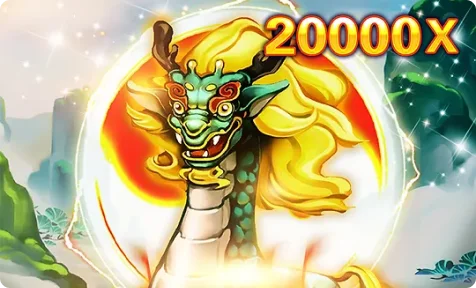 Green and yellow Chinese dragon from Orient Animals slot with 20000x multiplier.