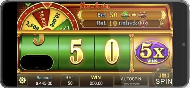 Screenshot of the Money Coming slot game by JILI on a mobile phone, showing a winning spin with 5x multiplier, a bet of 50, and a win of 250 credits.