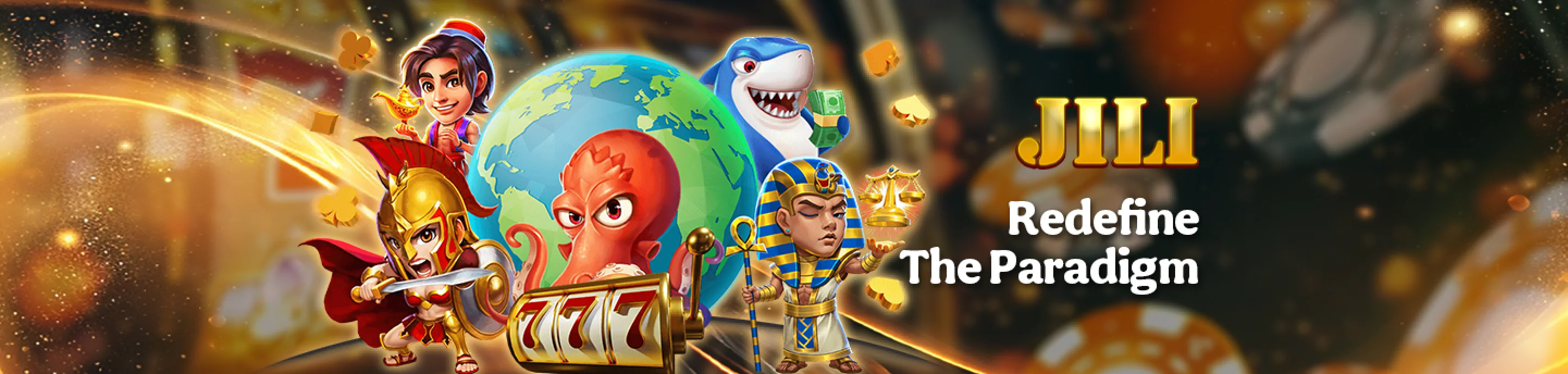 Jili slot game characters including a warrior, an octopus, a shark, and a pharaoh, with the slogan 'Redefine The Paradigm' displayed.