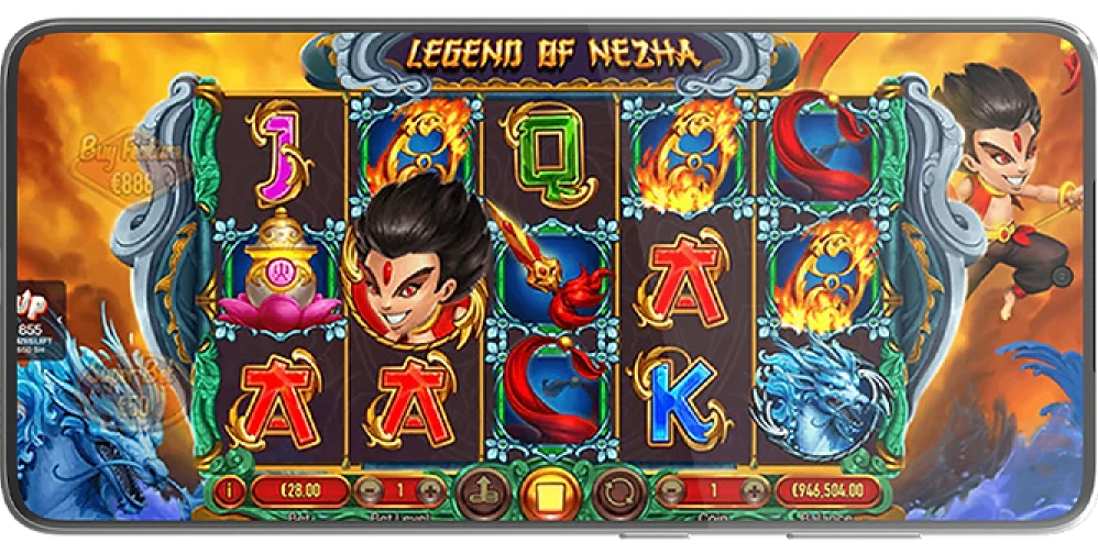 Legend of Nezha slot game interface from Lucky365, featuring animated Chinese warrior symbols, fire dragons, reels, and a big jackpot counter in 2025.