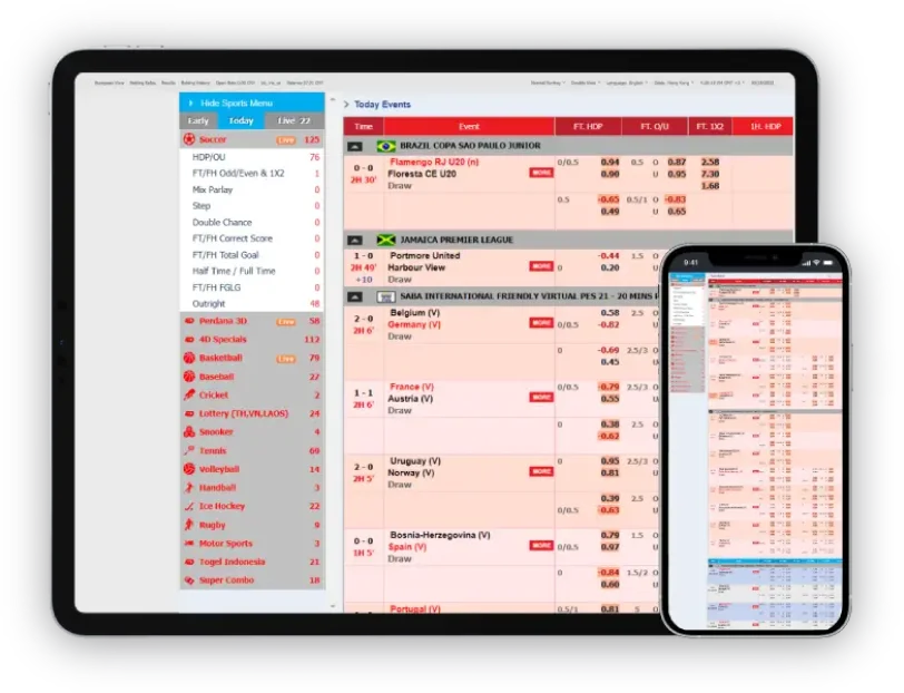 M8Bet sports betting interface displayed on tablet and smartphone, showing live match odds and categories.