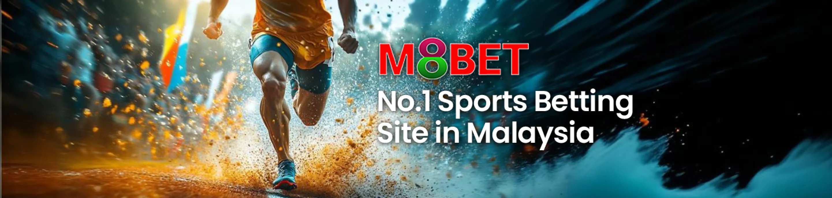 Runner in action with explosive background promoting M8Bet, the top sports betting site in Malaysia 2025.