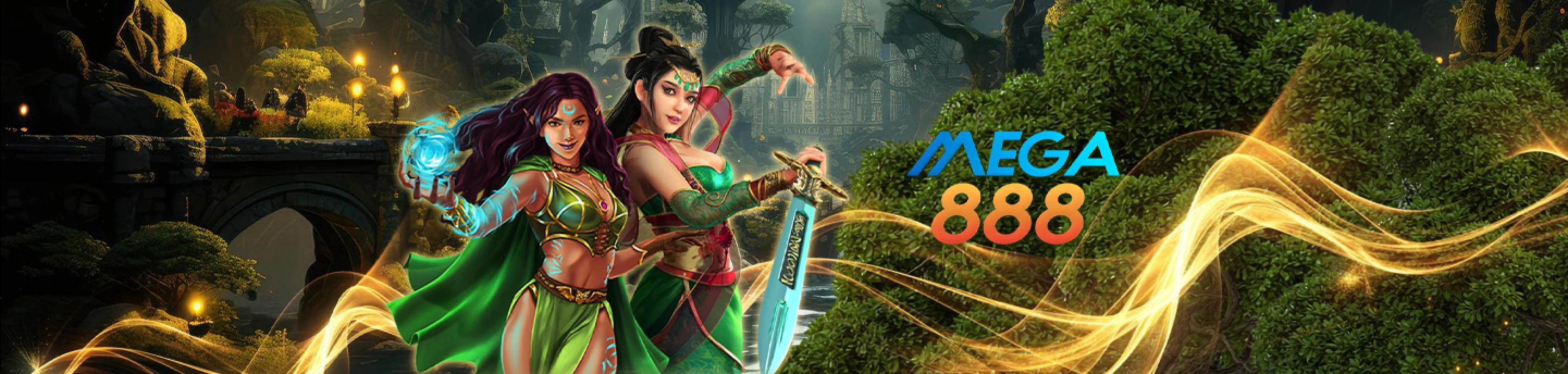 Two female warrior characters from Mega888 with fantasy background and glowing magical energy effects.