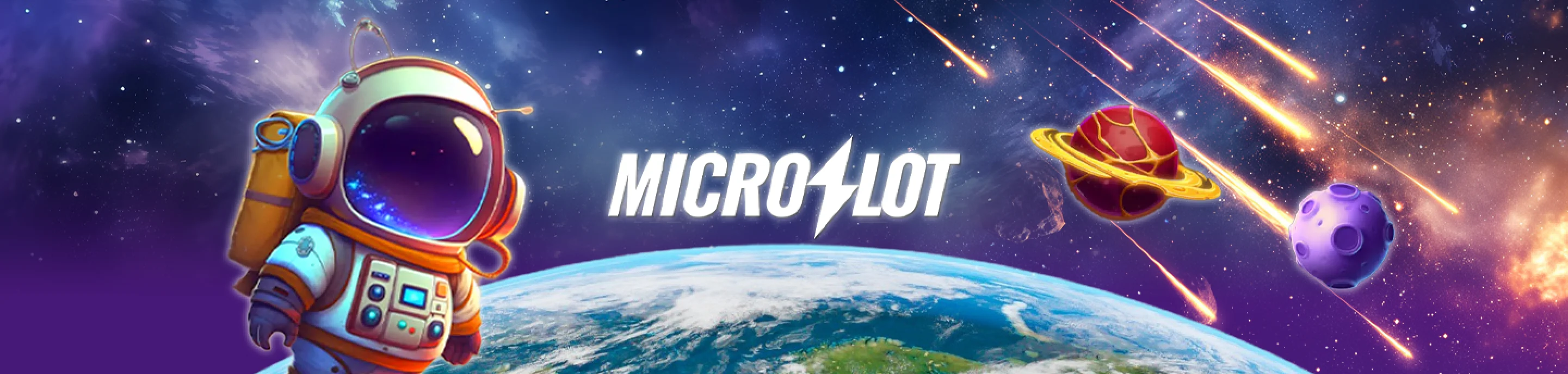MicroSlot slot game banner with astronaut mascot and meteor shower in space-themed background