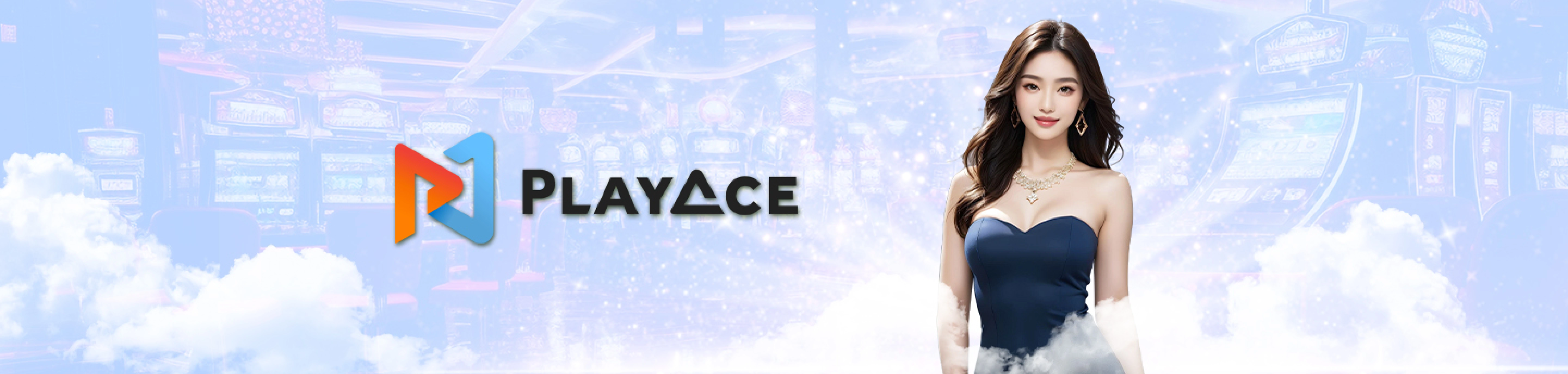 Winbox PlayAce Casino banner featuring elegant female model, glowing slot machines in the background, and PlayAce logo with a soft cloud effect.