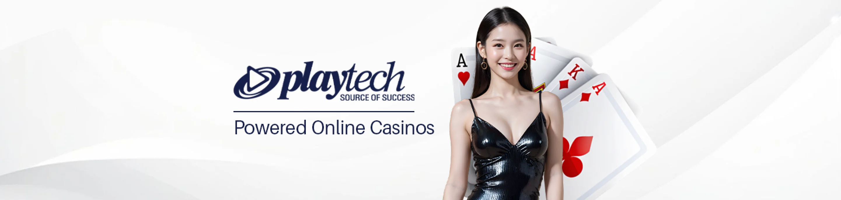 Playtech logo and a woman with playing cards, promoting powered online casinos.