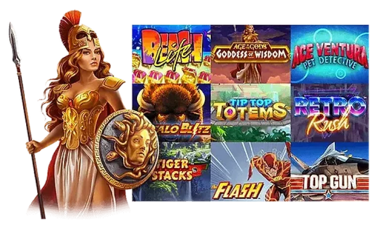 Various Playtech slot games including 'Reel Life,' 'Ace Ventura Pet Detective,' 'Top Gun,' and more, alongside a warrior character.