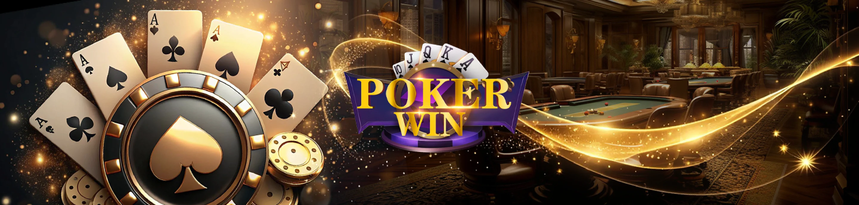 PokerWin logo with poker cards and casino setting, featuring a luxurious background.