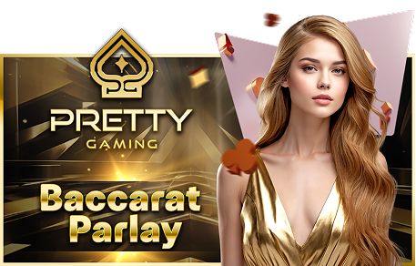 Female dealer with long blonde hair standing at the Baccarat Parlay table, with golden graphics and the Pretty Gaming logo in the background.
