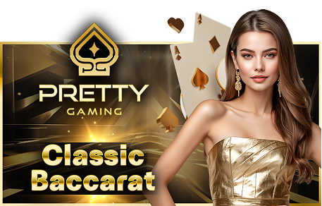 Female dealer standing in front of a Baccarat table with cards and chips, featuring Pretty Gaming logo and golden accents.