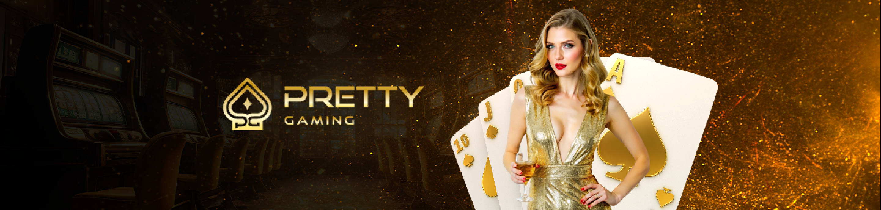 Female dealer in a gold dress holding a drink, standing next to playing cards with the Pretty Gaming logo visible in the background.