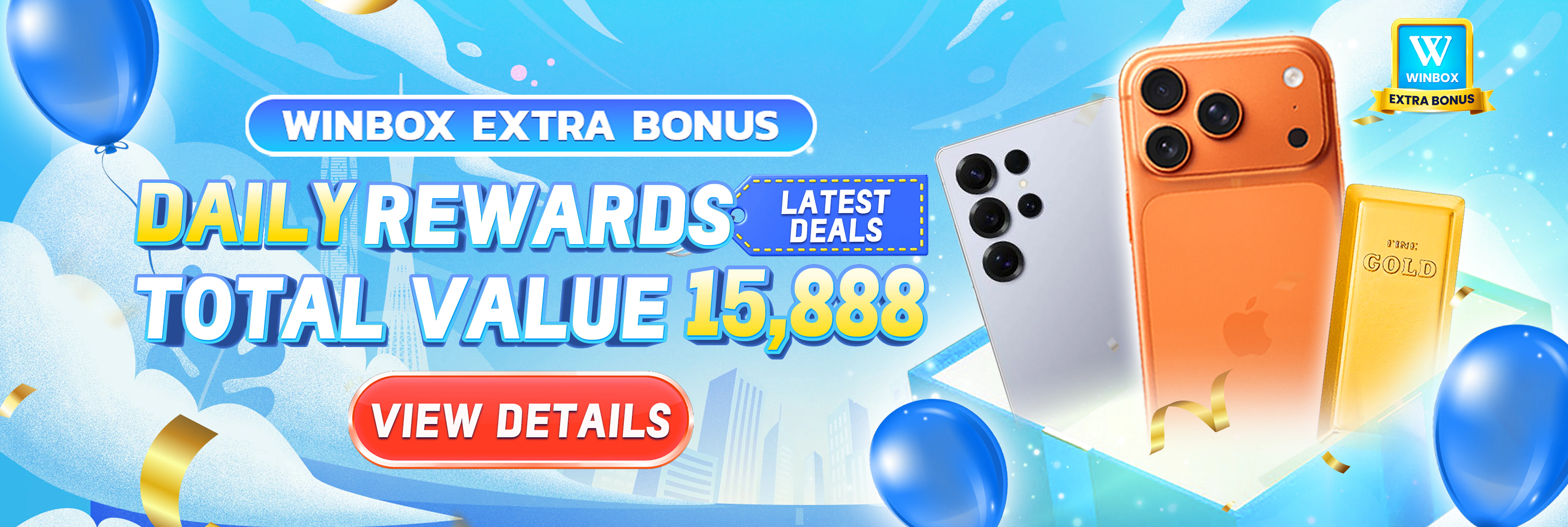 Winbox Extra Bonus Daily Live Lucky Draw with daily rewards worth 15,888 including iPhone 17 Promax, Samsung S25 Ultra and gold bars.
