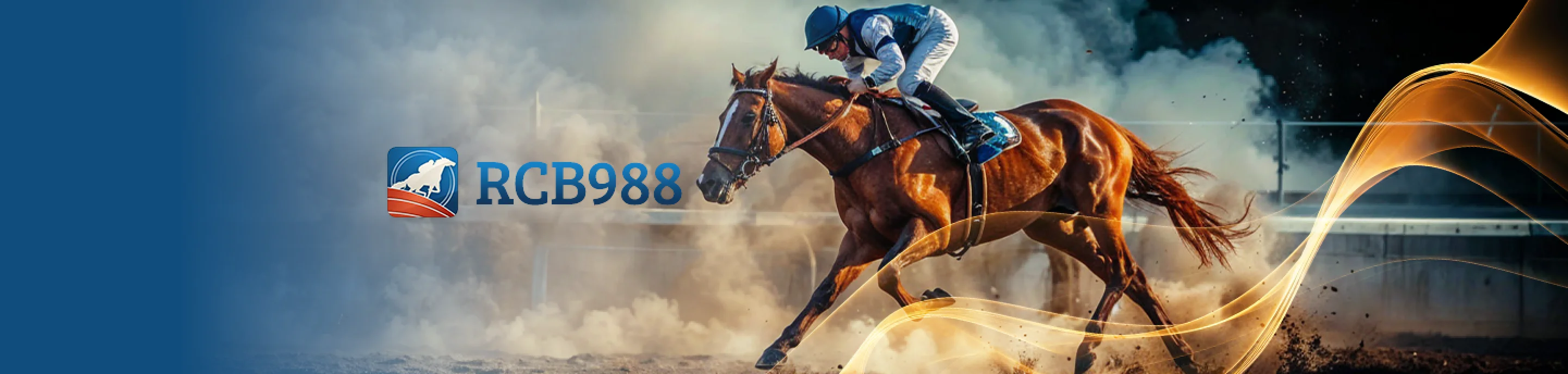 Jockey riding a racehorse at full speed with RCB988 logo on the left, symbolizing premium horse betting action.