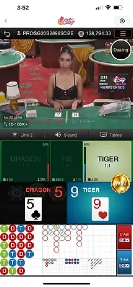 Sexy Dragon Tiger game interface showing the dealer and the betting options between Dragon, Tiger, and Tie.