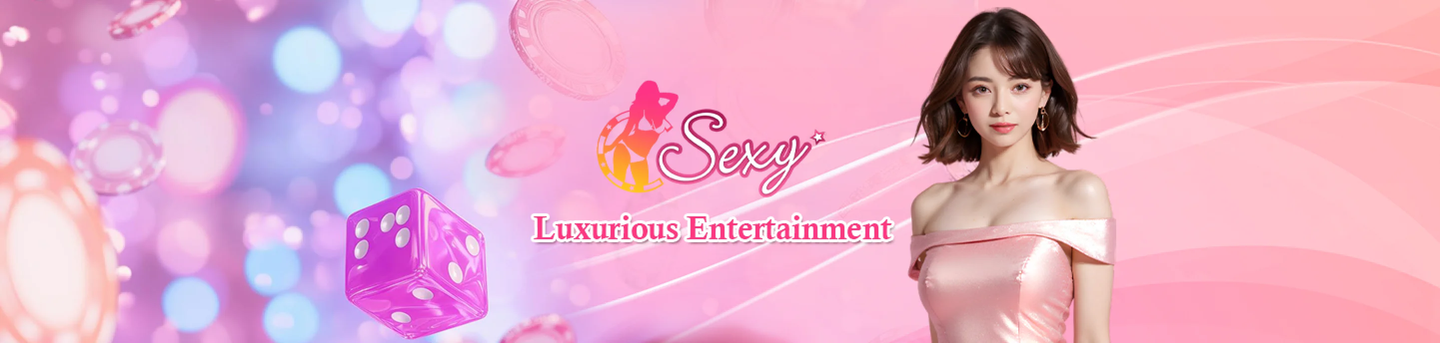 Sexy logo with pink dice and a female model, representing luxurious casino entertainment.