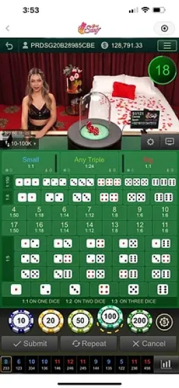 Sexy Sic Bo game interface with dice betting options and a live dealer hosting the game.