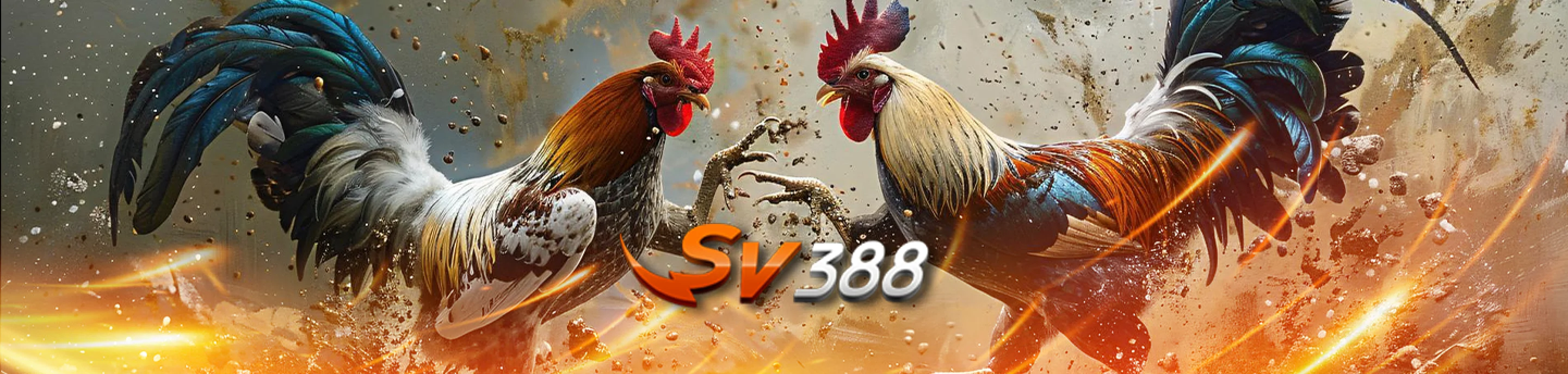 Two roosters in a dynamic cockfighting scene, representing the SV388 online betting platform.