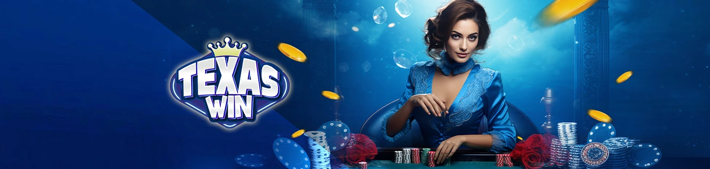 Winbox TexasWin banner showing a female poker dealer in blue surrounded by chips, cards, and gold coins, with TexasWin logo on a deep blue background.