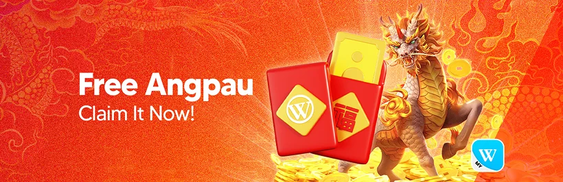 Winbox Free Angpao banner consisting of a dragon headed horse with red packets in the background.