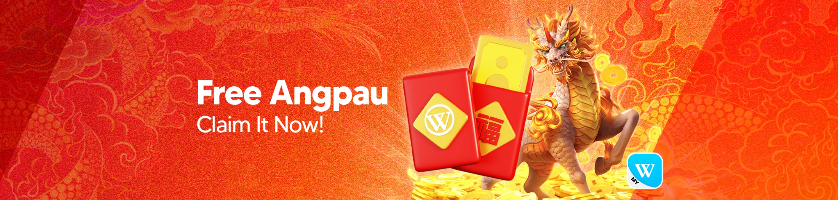 Winbox Free Angpao banner consisting of a dragon headed horse with red packets in the background.