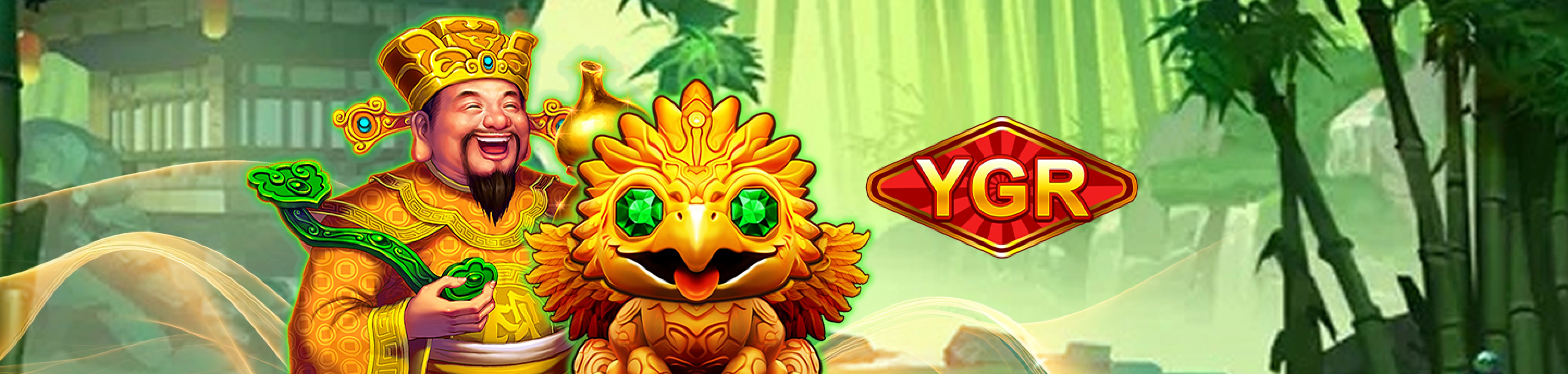 Winbox YGR game provider banner. Featuring a golden emperor, mythical creature with gem eyes, lush green bamboo forest, and the YGR logo